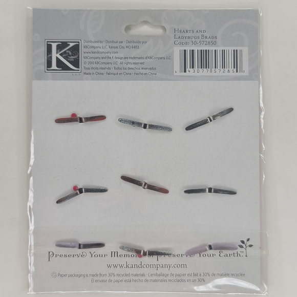 K&Company Brads Hearts and Ladybugs Brads 9 pcs Bugs Spring Summer Brads - Picture 6 of 8